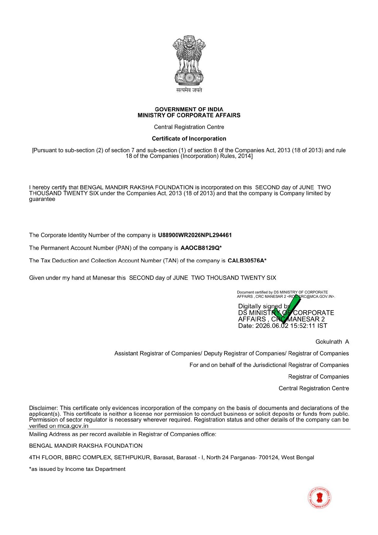 NGO CERTIFICATE BENGAL